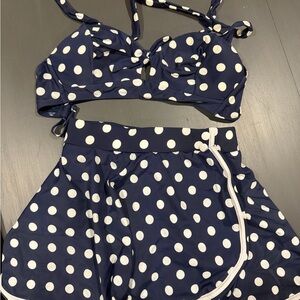 Unique Vintage Navy and White Polka Dot Swimwear